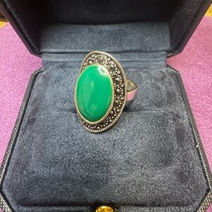 Elegant Green Enamel with Marcasite  Stone Halo Silver Ring